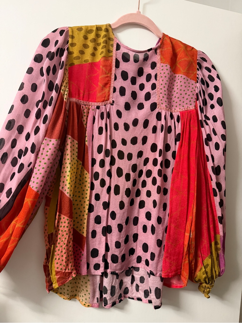 Pink Polka Dot Patchwork Long-Sleeve Anthropologie Blouse